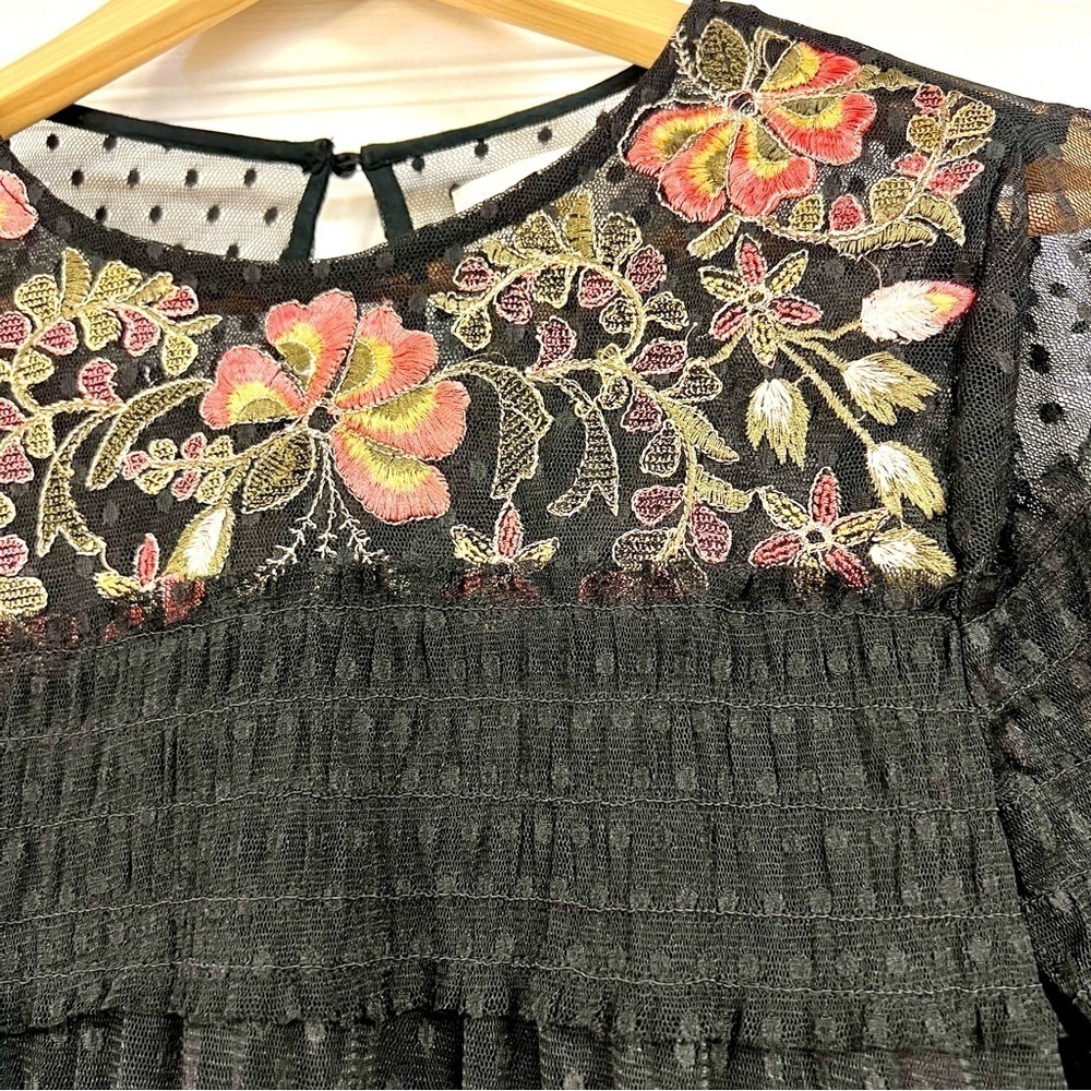 Maeve Anthropologie Womens Black Samara Mesh lace Floral ruffles Dress S boho - Picture 4 of 11